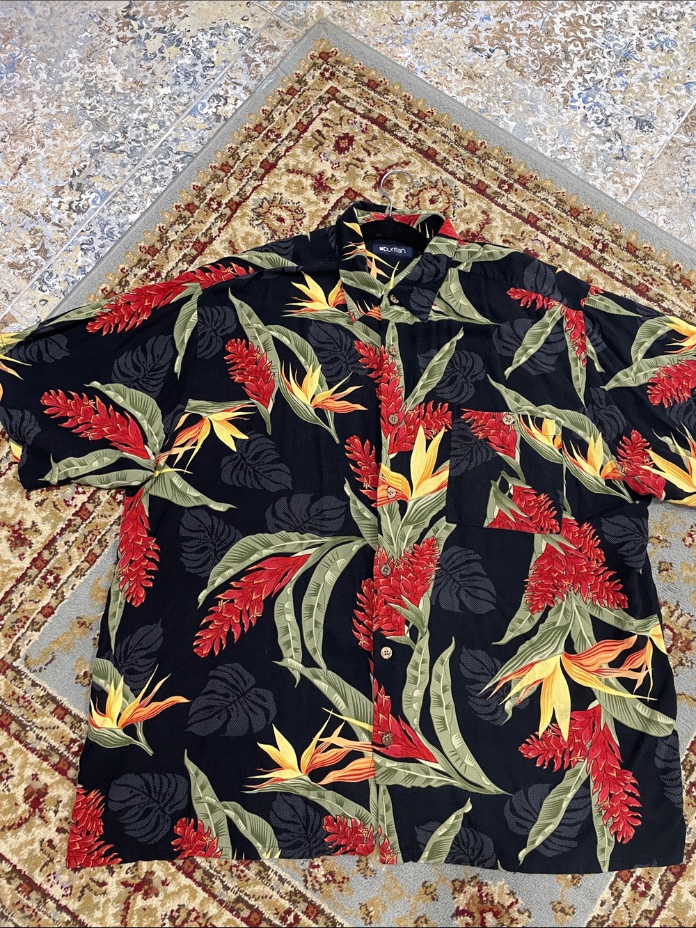 Puritan Black Hawaiian Shirt with Red & Yellow Tropical Print